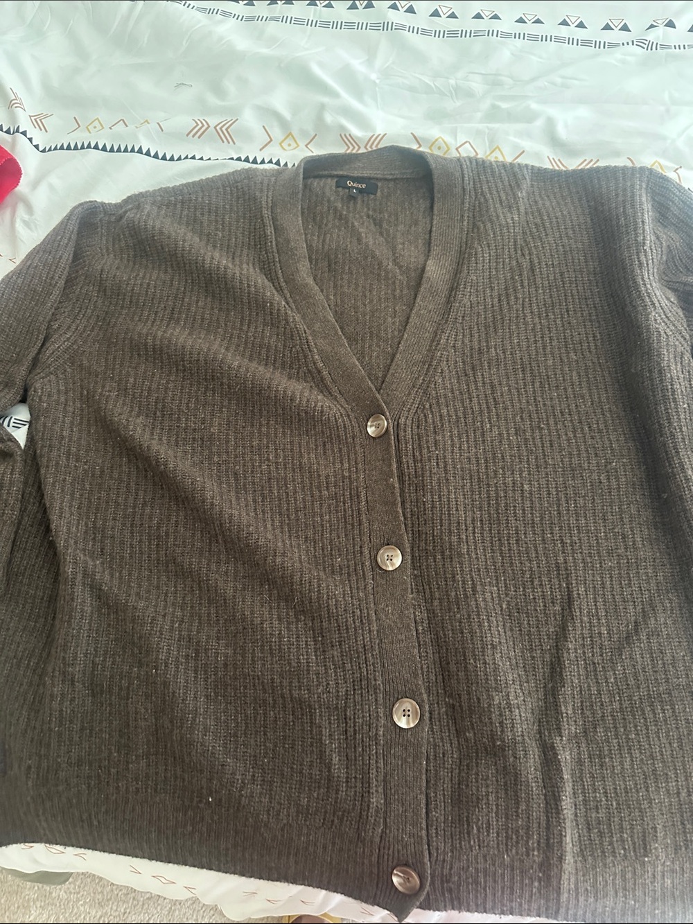 Quince: Oasis Chocolate Brown Ribbed V-Neck Button Cardigan